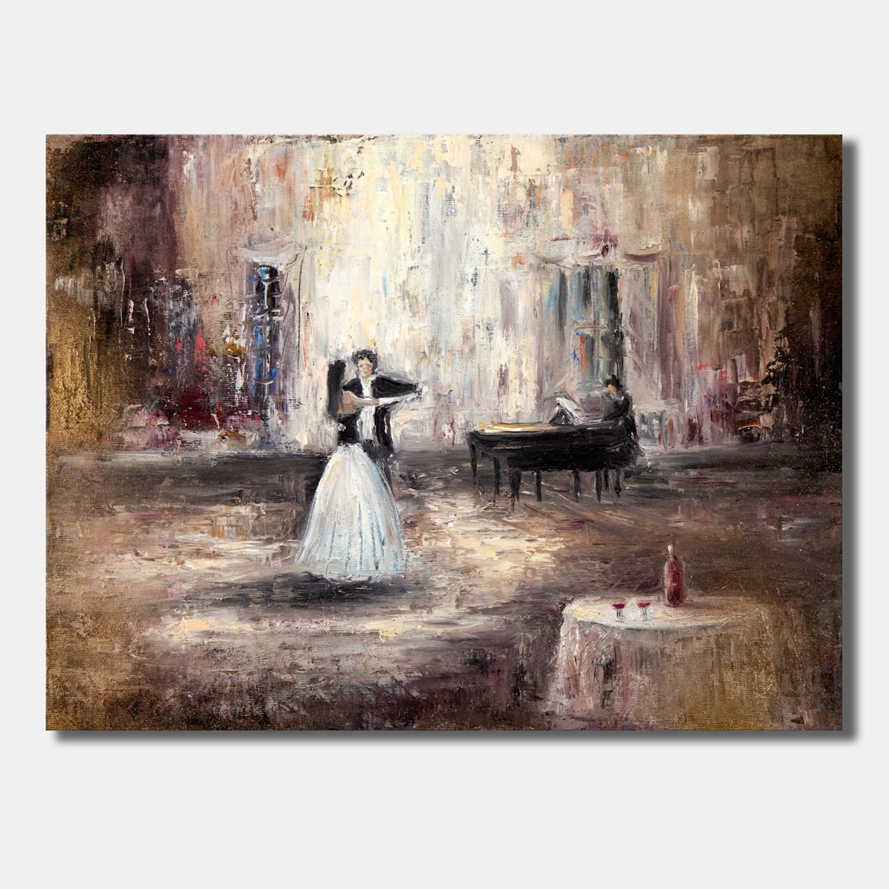 Designart - Black And White Couple Dancing In Hall With Piano - Traditional Canvas Wall Art Print